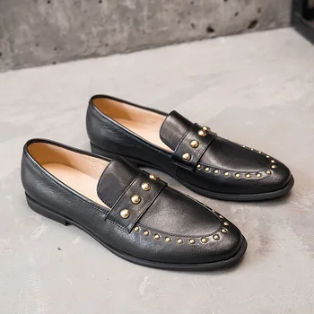 

round head soft leather shoes men face age season personality rivet business casual shoes black men's leather shoes