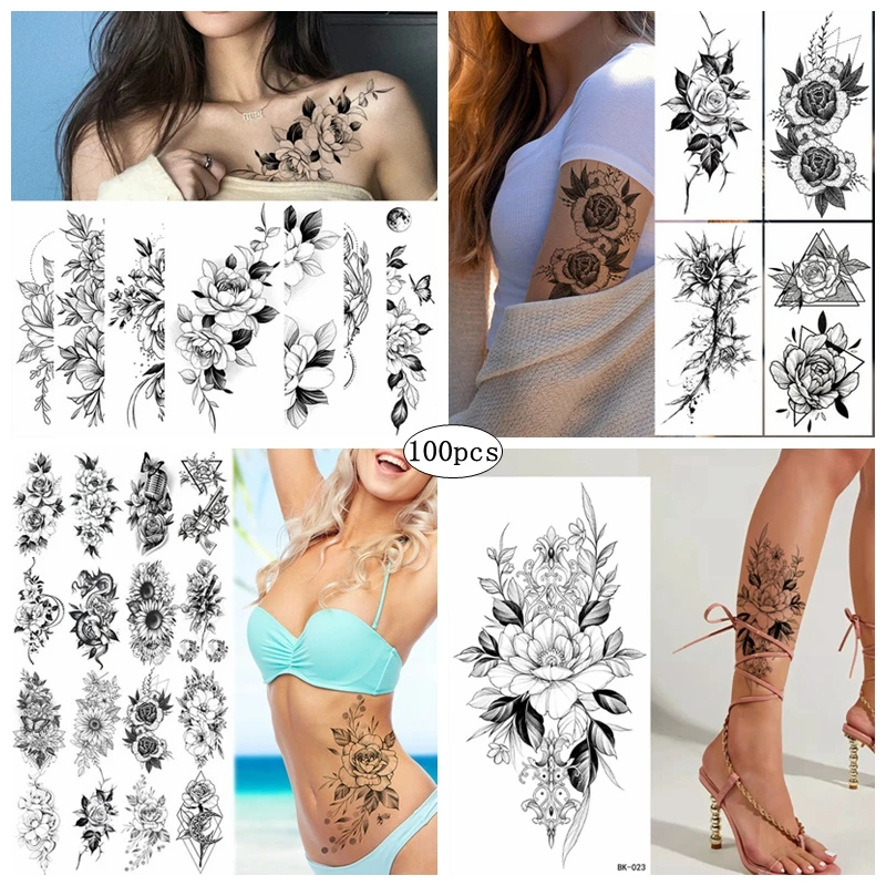 100pc Wholesale Flower Waterproof Temporary Tattoo Stickers Female Black Rose Beautiful Fashion Art Fake Tattoo Arm Chest Tattoo