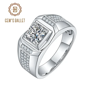 

GEM'S BALLET 925 Sterling Silver Moissanite Ring For Men Wedding Round 1.0 Ct. 6.5mm Men's Moissanite Diamond Cluster Ring