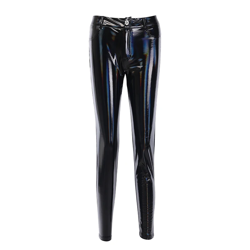 InsGoth/женские брюки из искусственной кожи цветной, отражающий блестящие женские леггинсы с высокой талией, Повседневный Карандаш с растениями, готический, панк, черный - Цвет: Black