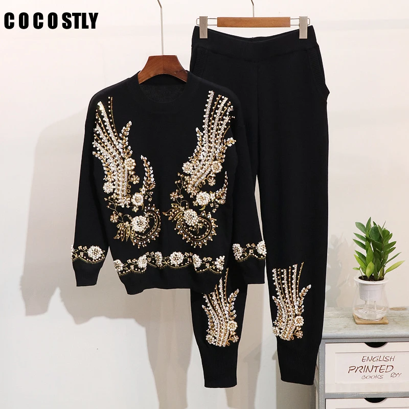 

Women Knitted Tracksuits Set Casual Pullover Sweater And Pants 2 Piece Set Handmade Beading Sequined Woman Suits matching sets