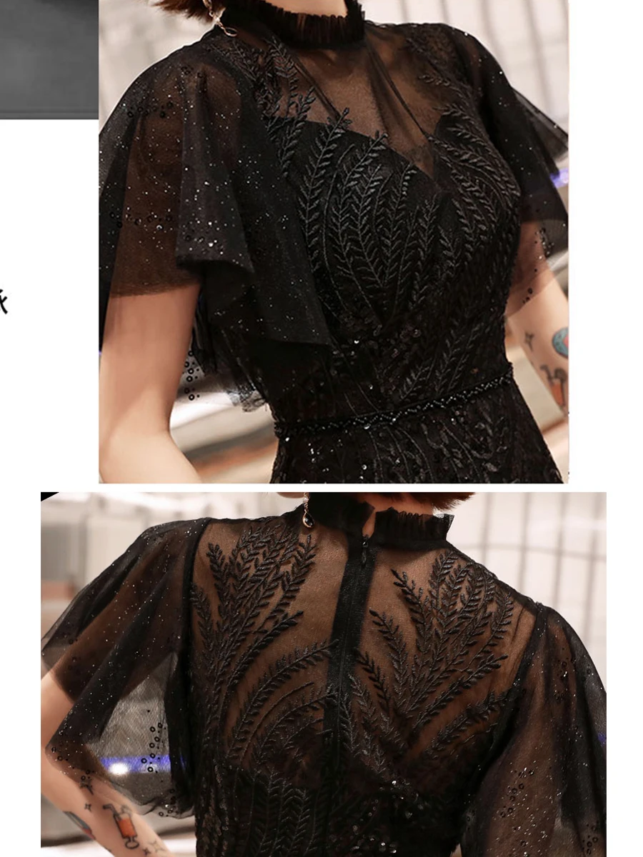 Dress Women Prom High Collar Sequins Gala Gown Elegant Prom Dress Black Sexy Slim Short Sleeve Plus Size Robe Roiree E554