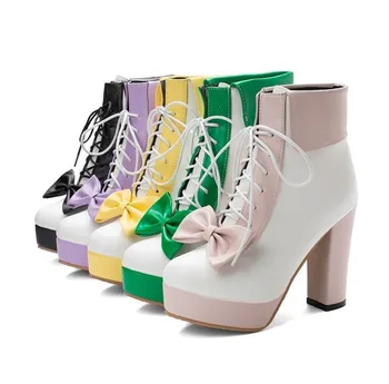 

Popular uniform with thick high heel purple yellow green black pink Pu leather boots Lovely Style A
