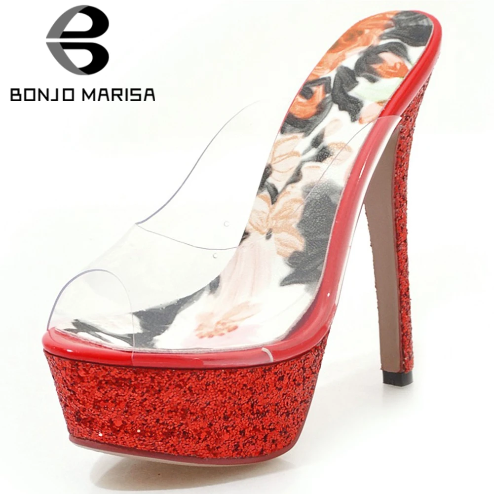 

BONJOMARISA New Ladies Summer Party slip-on Mules Fashion Summer Glitters Platform Pumps Women Holiday High Heels Shoes Woman