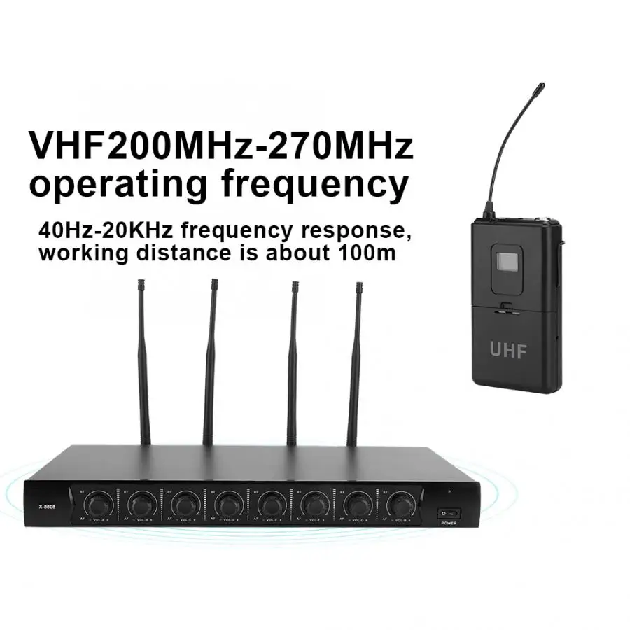 UHF/VHF 1 для 8 профессиональный беспроводной портативный микрофон с креплением на талии 100-240 В вилка стандарта США