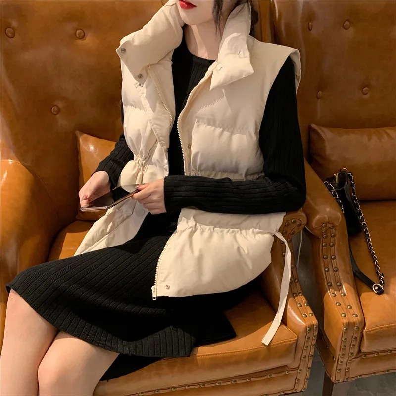 

Korean-style CHIC-Style Stand Collar Drawstring Waist Hugging Warm Sleeveless Cotton Vest Female + Long Sleeve Knit Mid-length D