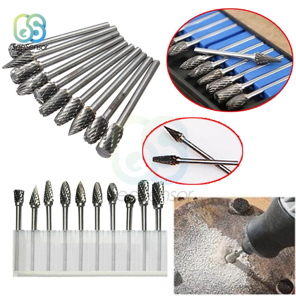 

10pcs/set 1/8" Shank Tungsten Carbide Cutter Rotary File Milling Cutter Polishing Head Electric Grinding Woodworking Hand Tools