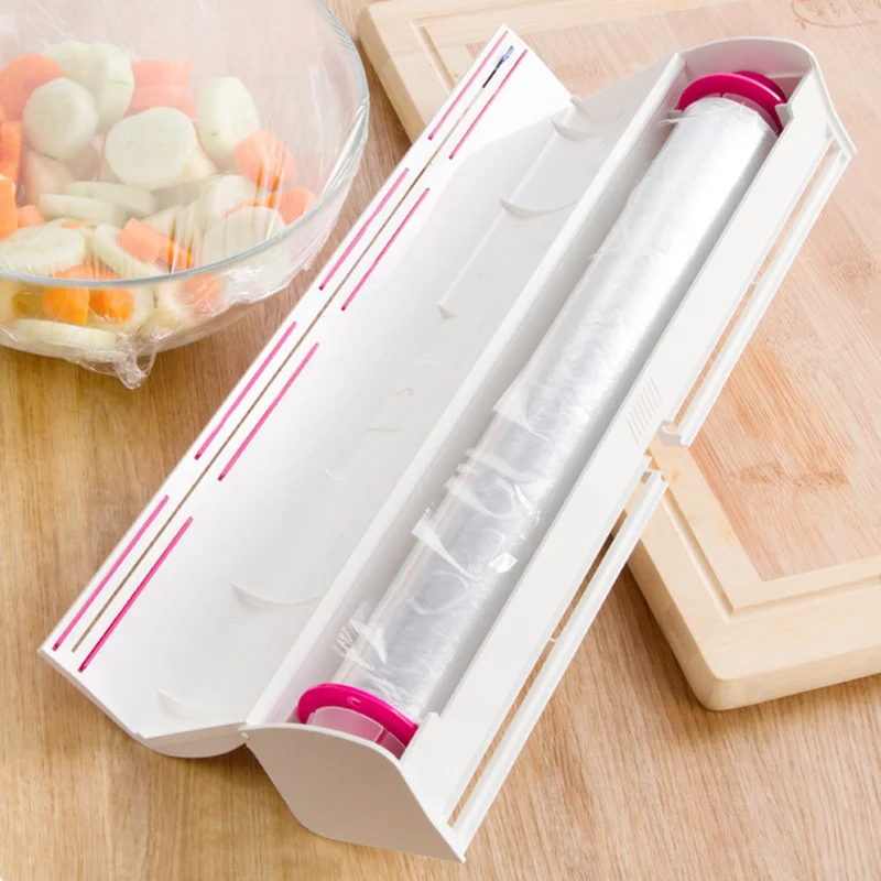 

Magic Plastic Cling Wrap Roll Dispenser Storage Case Food Dishes Preservative Film Paper Sliding Cutter Box Kitchen Gadgets