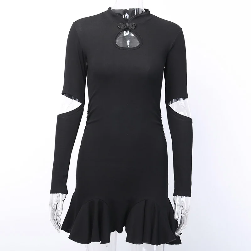 InsGoth, Черное мини облегающее платье с оборками, женское винтажное платье Cheongsam с вырезом, с вырезами, сексуальное, с длинным рукавом, женские готические вечерние платья