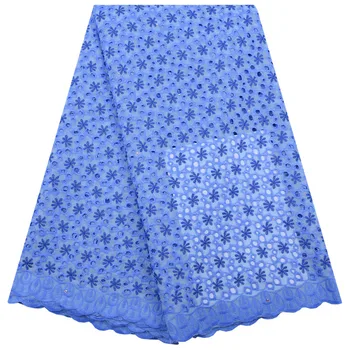 

Blue Swiss Voile Lace Switzerland High Quality African 100% Cotton Lace Fabric With Stones For Nigerian Every Dress Party 1751