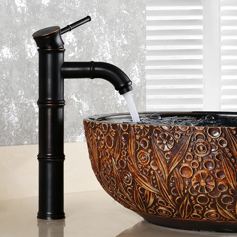 Black Bronze Brass Waterfall Bathroom Sink Faucet Vessel Tall Bamboo Water Tap Retro Single Hole Taps Basin Faucets Mixer Crane