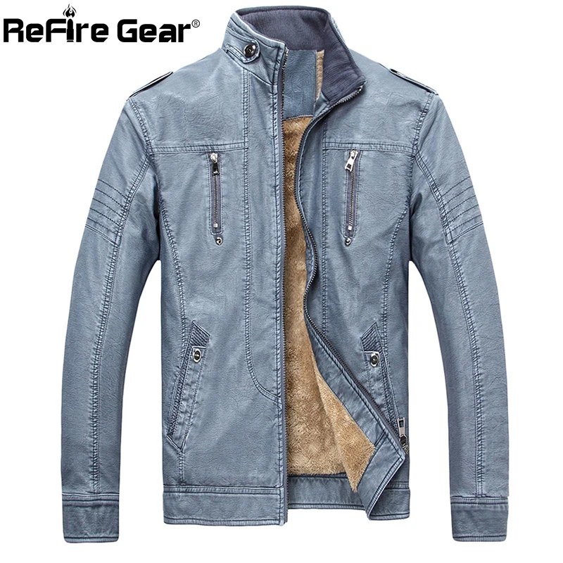 

ReFire Gear Vintage PU Leather Jeans Jackets Men Pilot Bomber Military Tactical Denim Jacket Winter Thicken Warm Casual Overcoat