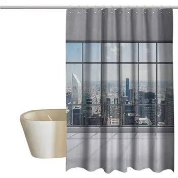 

City Rustic Shower Curtain Clean Office with Big Window Downtown Skyscraper Buildings Domestic Cityscape Art Farmhouse Bathroom