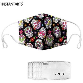 

INSTANTARTS Sugar Skull Design Mouth Mask PM2.5 Maske 2020 Fashion Anti-Dust/Haze/Smoke 7PCS Filter Adults Reusable Face Masque