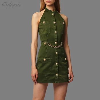 

Ailigou Summer 2020 Latest Fashion Designer Runway Dress Ladies Gold Button Chain Army Green Backless Mini Sexy Party Dress