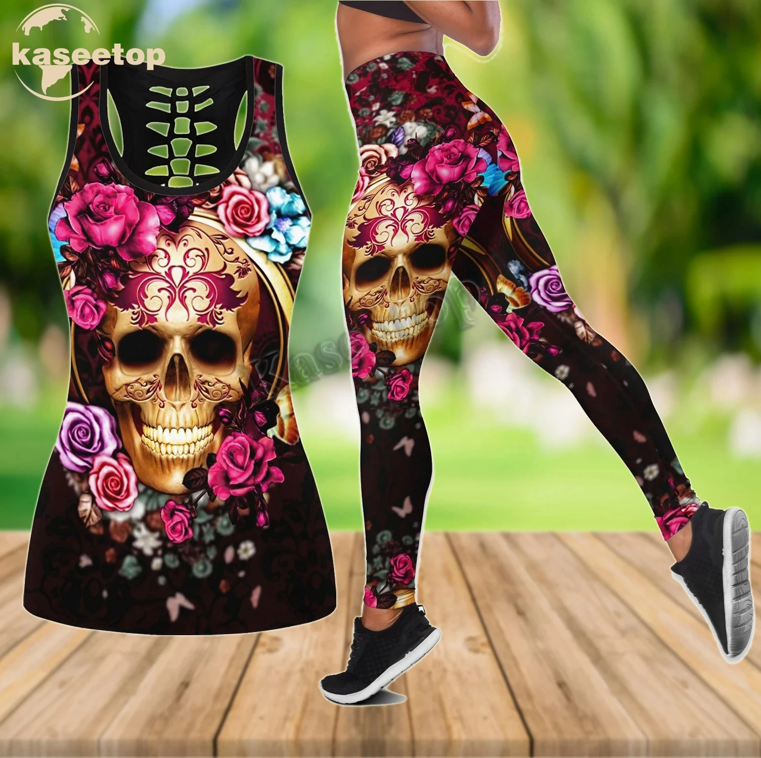 

Kaseetop 3D Floral Skull Combo Two Piece Yoga Set Women 3D Print Vest Hollow Out Hollow Tank & Legging Outfit Summer Casual LK56