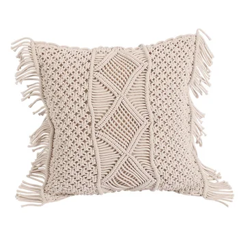 

1PC Creative Knitting Pillow Cover Hand Woven Cushion Cover Soft Tassel Bolster Cover for Home Use (A Style Beige Without Pillow