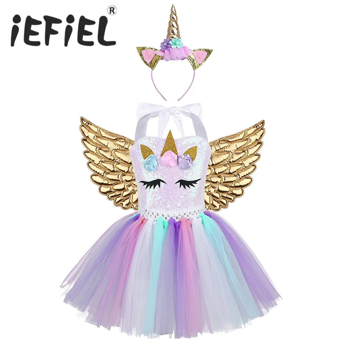 Kids Girls Cartoon Outfit 3D Flowers Shiny Sequins Mesh Tutu Dress with Hair Hoop Wings Halloween Cosplay Party Costume Set |