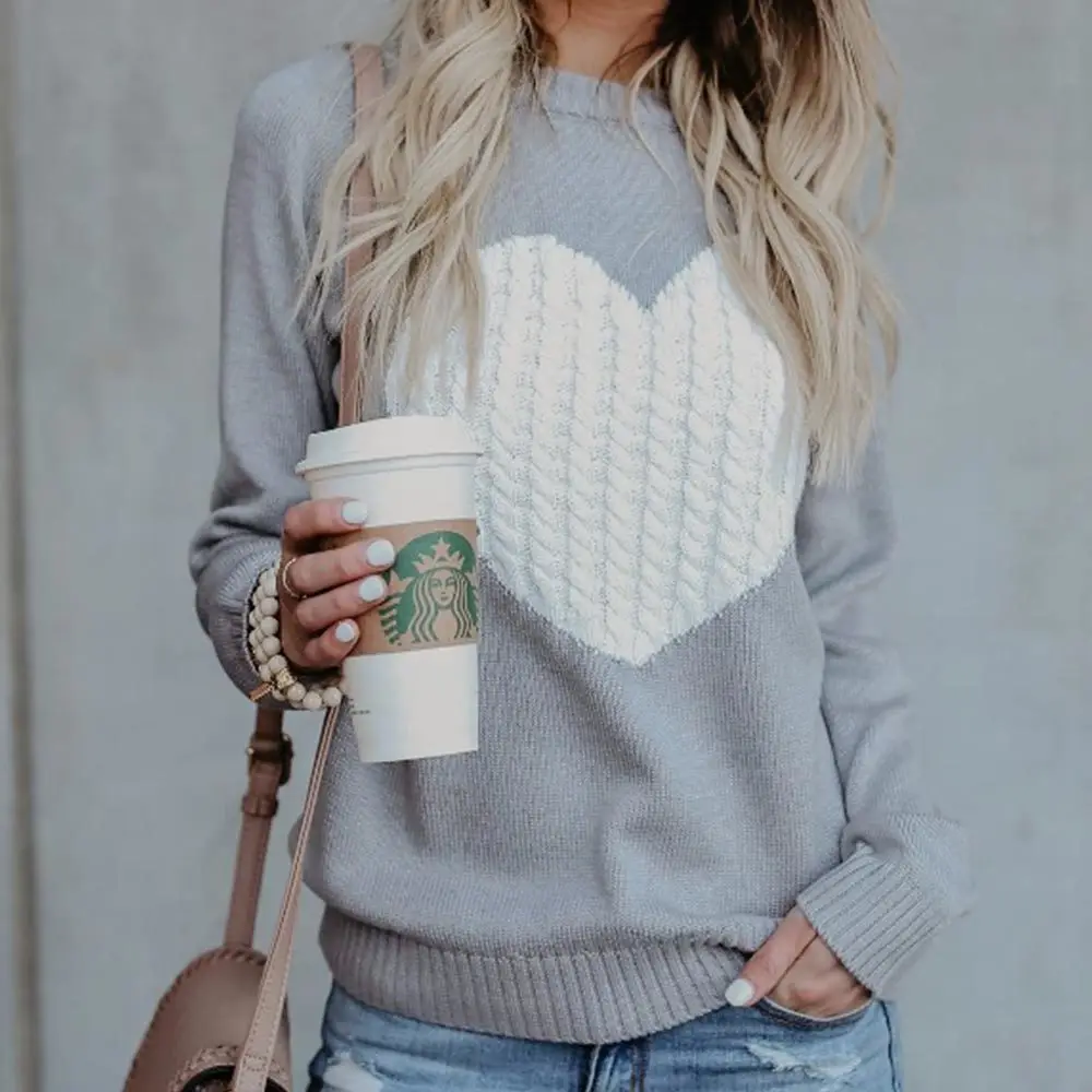 Casual Autumn Winter Pullover Long Sleeve O Neck Heart Knitted Women Sweaters Slim Pull Femme Jumpers 3XL Size Loose Sweater