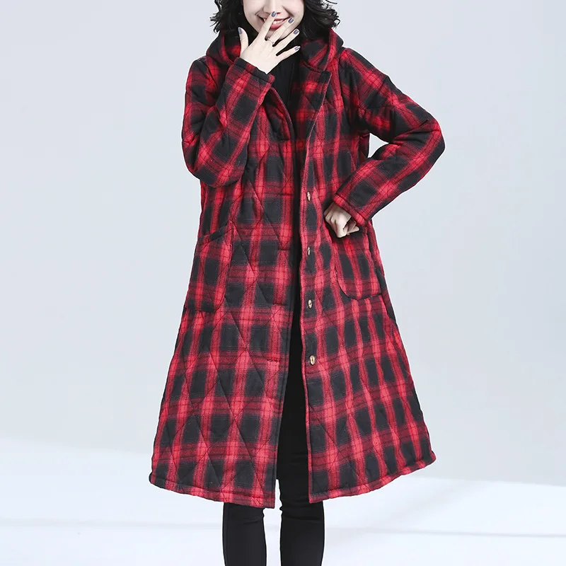 

Photo Shoot Large Size Dress Winter Style Loose-Fit Mid-length Cotton-padded Jacket Padded Thick Warm Hooded Plaid Cotton Overco