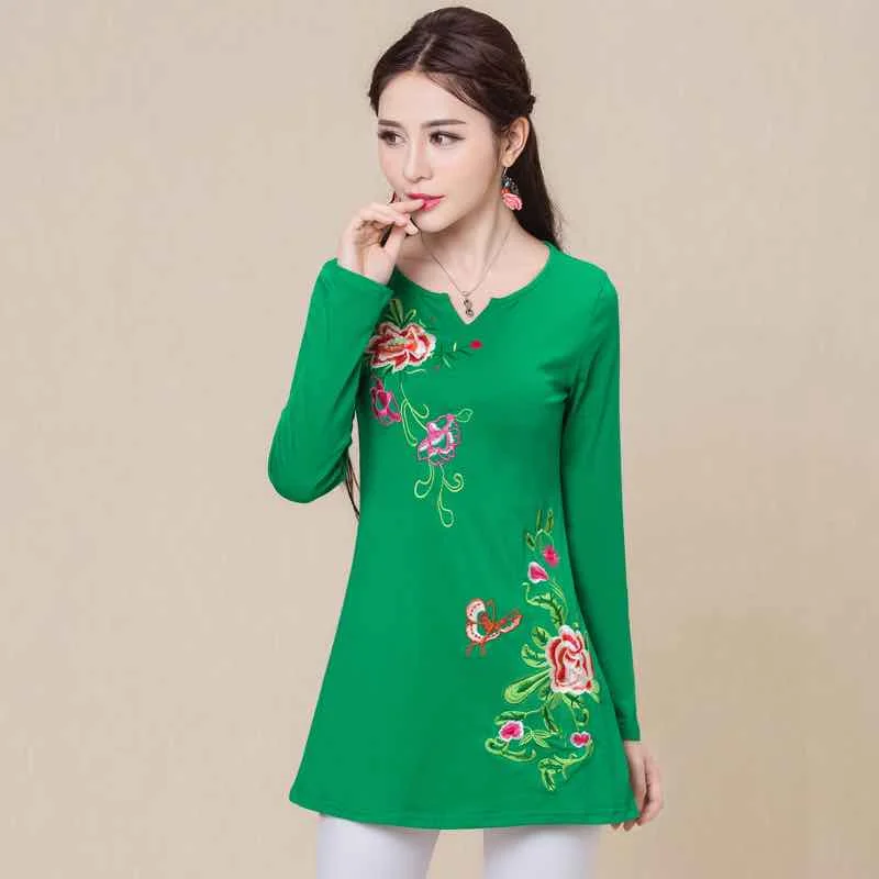 Camisas femininas, Женская Осенняя M-5XL, этнический v-образный вырез, длинный рукав, черный, зеленый, розовый, красный, белый, вышивка, футболка, топы - Цвет: Зеленый