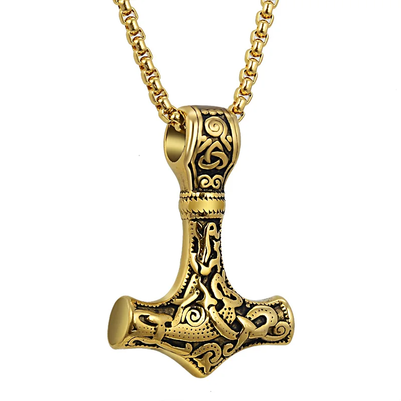 Men's Thor hammer Mjolnir Pendant Necklace Stainless Steel viking scandinavian Norse Viking Necklace Jewelry 24"Chain for Man - Окраска металла: Gold