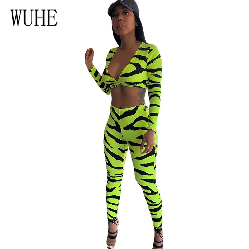 

WUHE Two Pieces Sets Deep V Umbilical Long Sleeve High Waist Tights Jumpauits Fashion Vintage Print Hollow Out Bodycon Playsuits