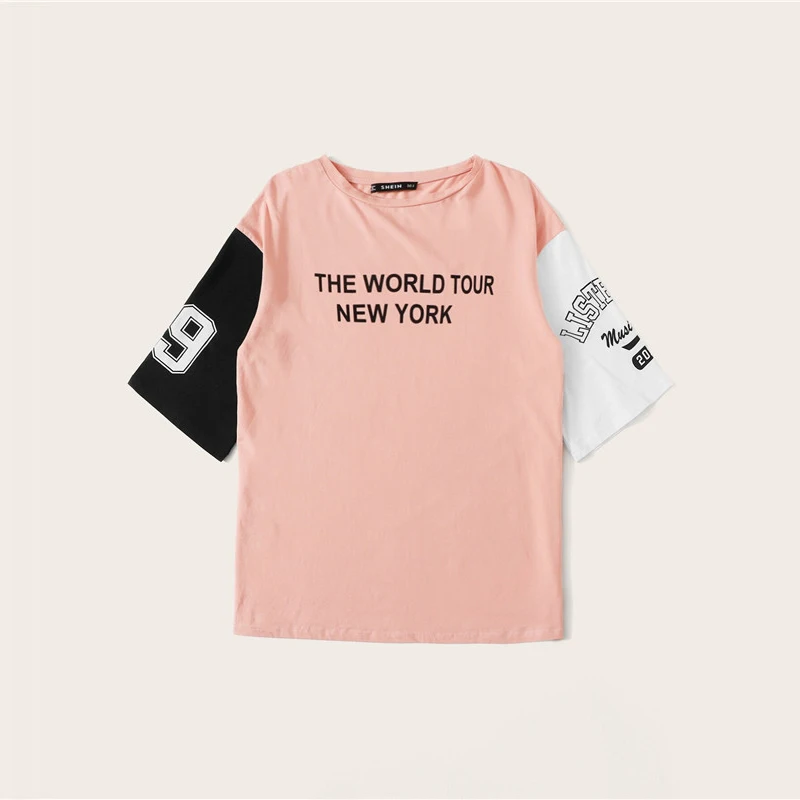 ROMWE/Женская белая футболка в стиле хип-хоп с круглым вырезом и половинчатым рукавом, для отдыха, с цветными блоками,, с буквенным принтом, с заниженным плечом, летние футболки для мальчиков
