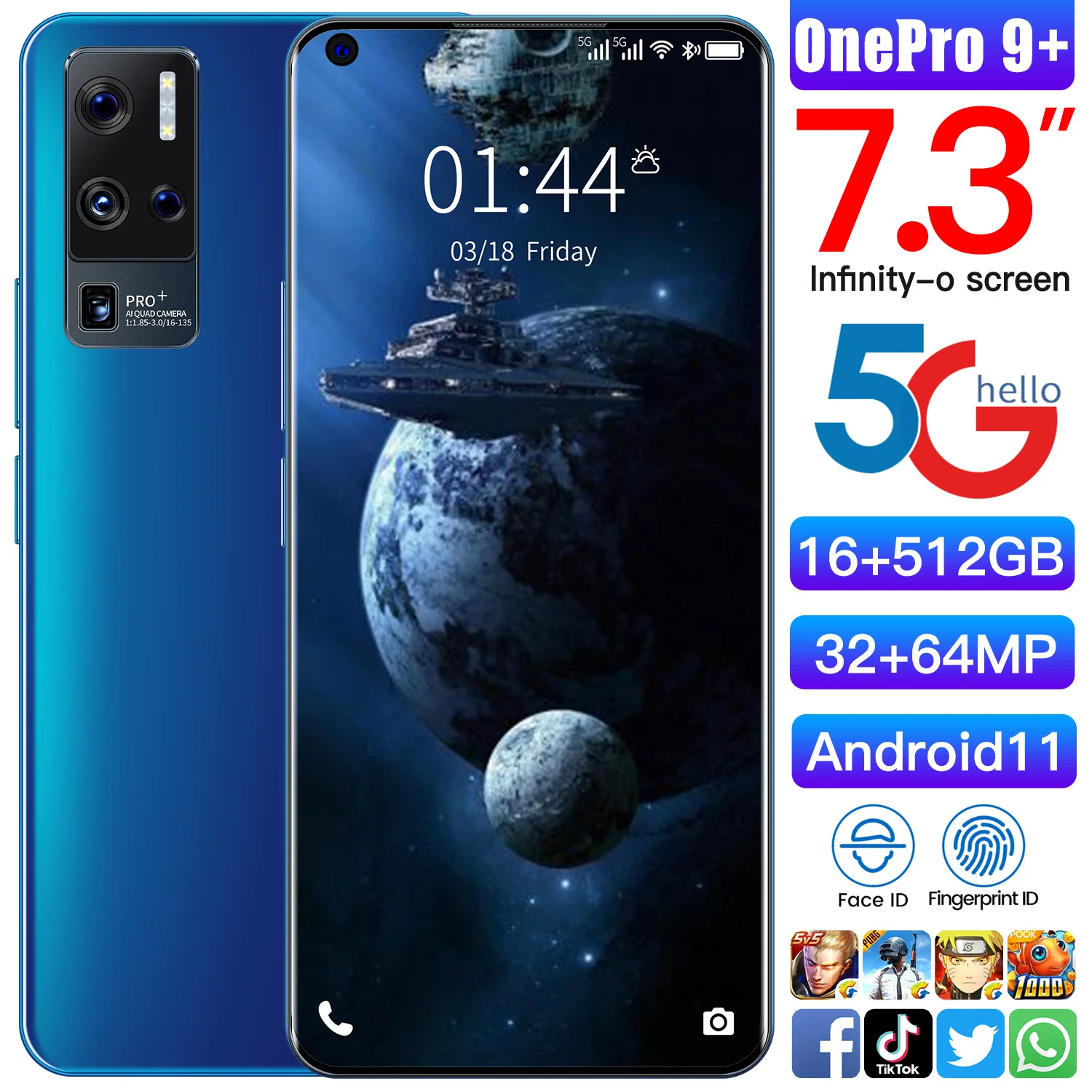 Global Version OnePro9+ Smartphones 7.3Inch Full Screen 16+512GB 32+64MP HD Camera 10core 6800mAh Android 11 Dual SIM 5G Face ID