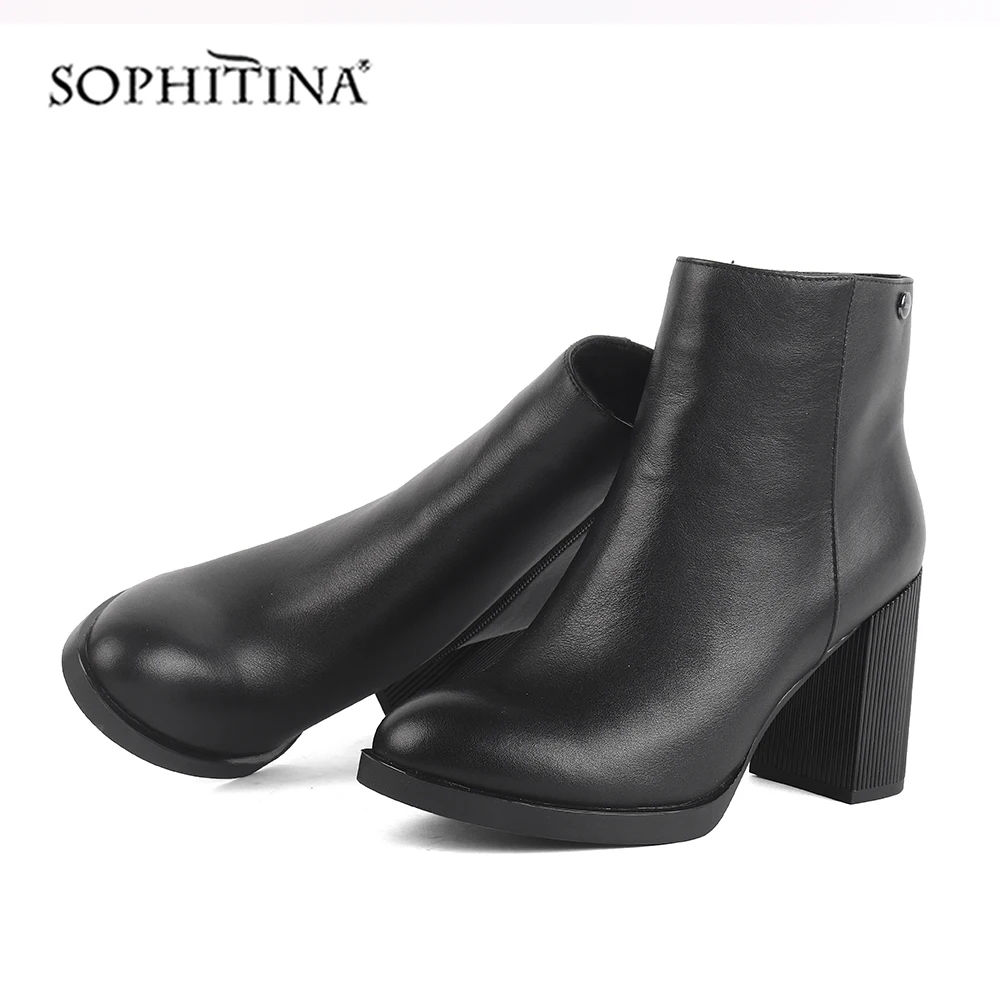 SOPHITINA/модные однотонные ботинки на молнии; Высококачественная обувь из натуральной кожи в полоску на квадратном каблуке; Новинка; женские ботильоны; C514