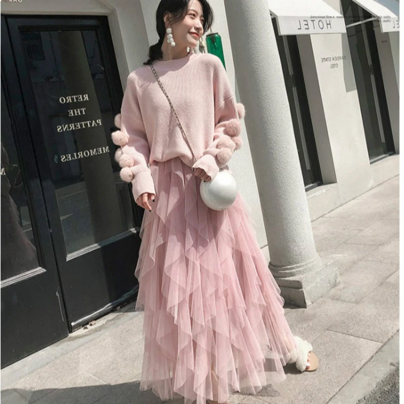 

High Quality Fall Winter Women 2 Piece Set Loose Long Sleeve Pullover Sweater And Mesh Long Skirt Two Piece Set Women Clothing