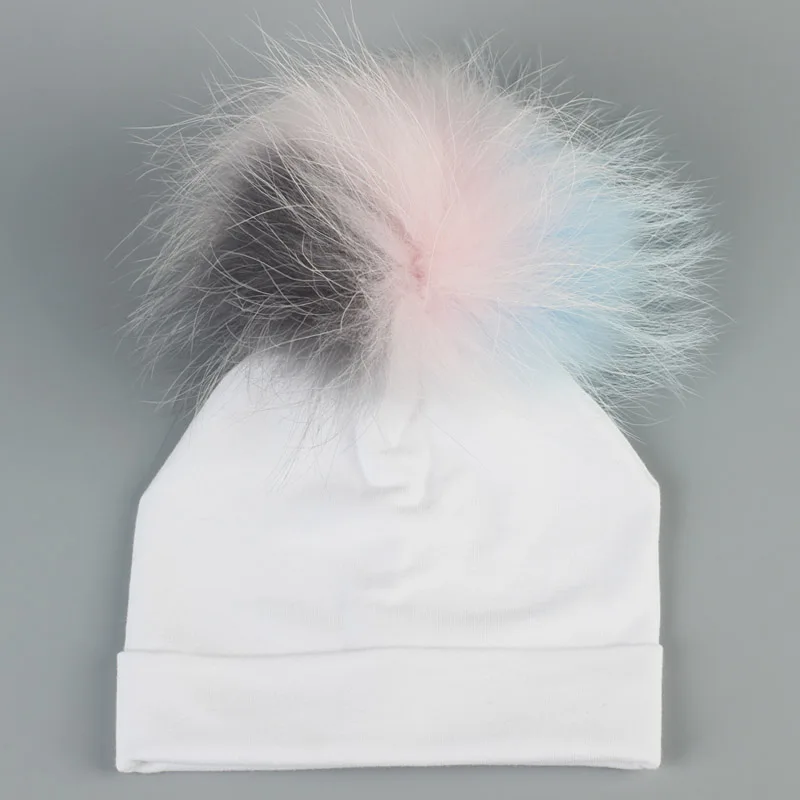 Мягкие теплые хлопковые шапочки Skullies Beanies для новорожденных мальчиков, Детские хлопковые шапочки с помпоном из натурального меха для девочек - Цвет: White 3C-2