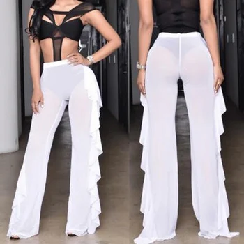 

Women Perspective Mesh Sheer Swim Pants Bikini Bottom Cover up Ruffle Clubwear Pants NYZ Shop