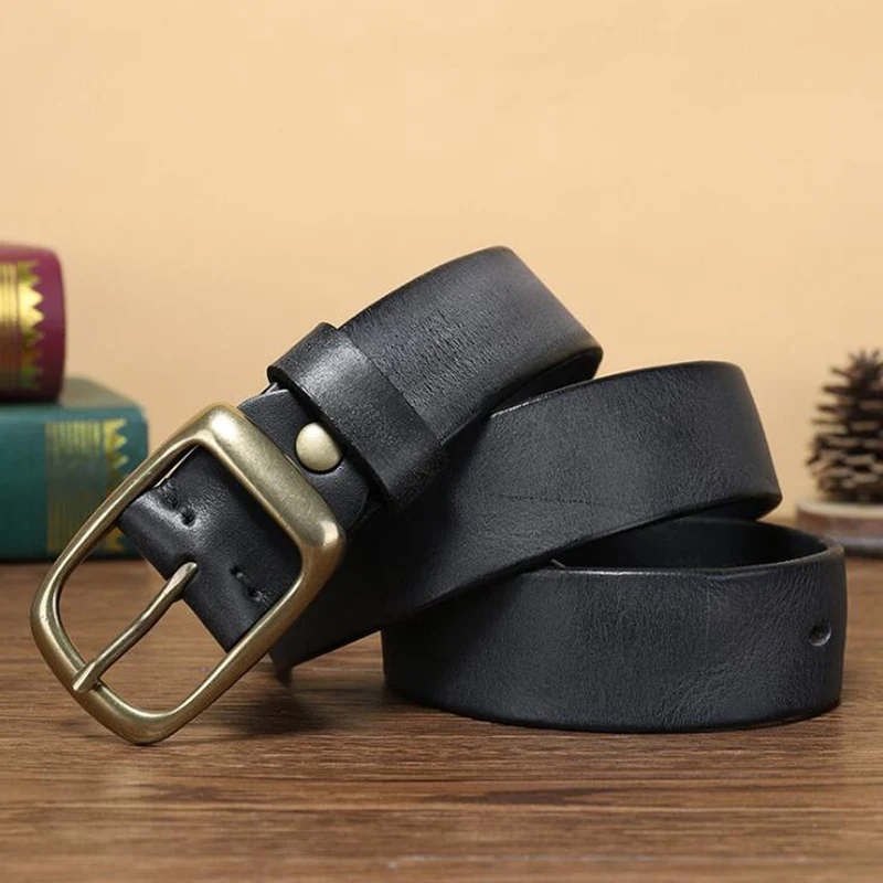 

YiJia 3.3CM Luxury Full Grain Leather Belt for Men Solid Brass Single Tongue Buckle Classic Jeans Waistbelt 4MM Thickness