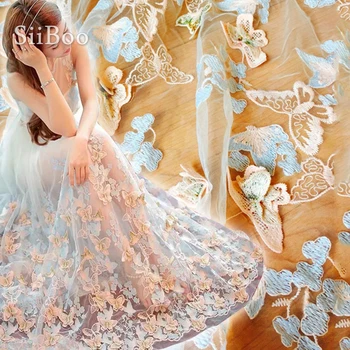 

3D embroidery butterfly applique mesh lace fabric apparel for wedding party dress floral embroidery cloth tissu stoffen SP5561
