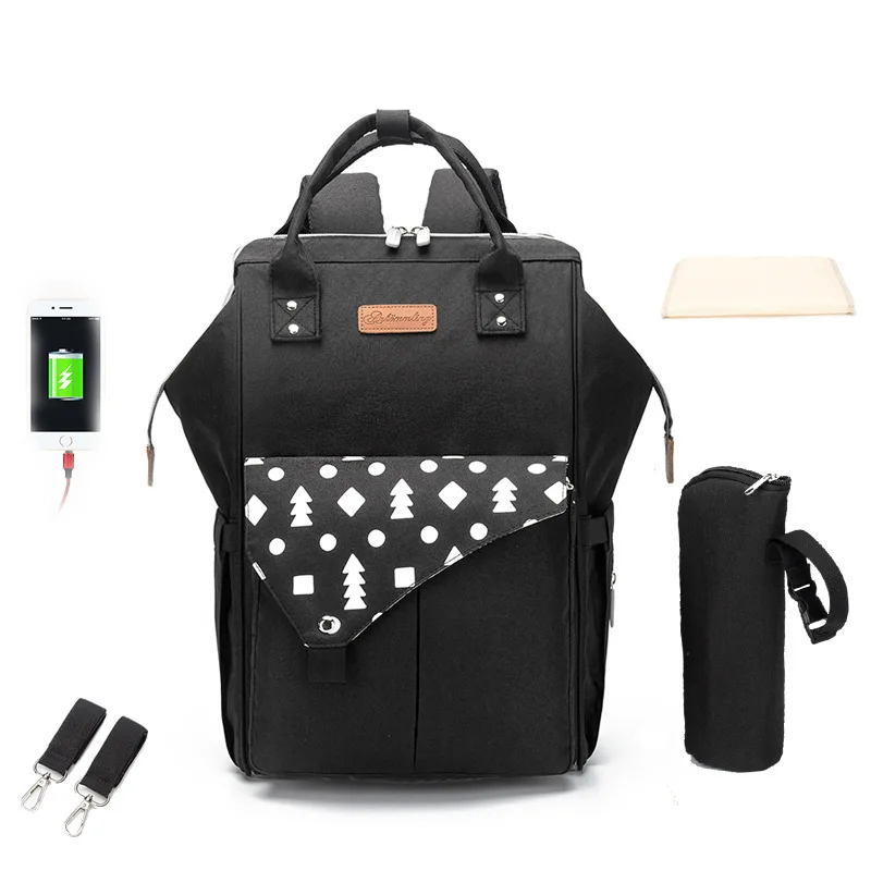 USB сумка для подгузников, дорожный рюкзак для мам, сумка для подгузников для мам, большая емкость, сумки для кормления, водонепроницаемая сумка для детских колясок - Цвет: Черный