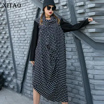 

XITAO Irregular Patchwork Dot Pleated Dress Plus Size False Two Pieces Women Clothes 2020 Fashion Turtleneck Dresses ZLL4711
