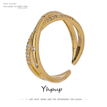 

Yhpup Korean Style Shiny Cubic Zirconia Irregular Opening Ring Jewelry High Quality Gold Geometric Finger Ring for Women New