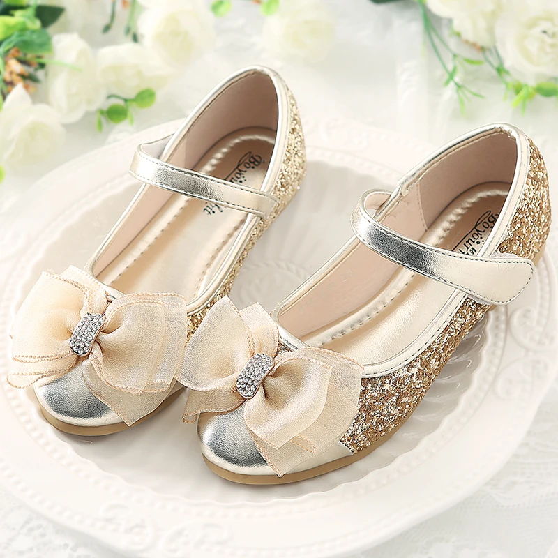 Leather Shoes Kids Girls Dance Party Shoes Flat Children Princess Shoe with Crystal Sequin Spring STX015