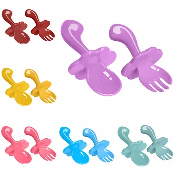 

2 Pcs/Set Candy Colors Kid Food Supplement Fruit Fork Safety PP Material Tableware Baby Training Fork Spoon Set Newborn Feeding