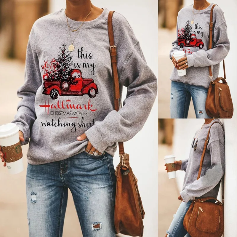 

Letter Printing Sweatshirt Women Christmas Hot Ladies Base Sweater Hallmark Letter Print Round Neck Long Sleeve Sweatshirt