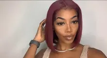 Recto Borgoña Bob corto parte de encaje pelucas de cabello humano 99J 13X2 T malla con división pelucas brasileñas 180% de densidad pelucas de encaje para las mujeres