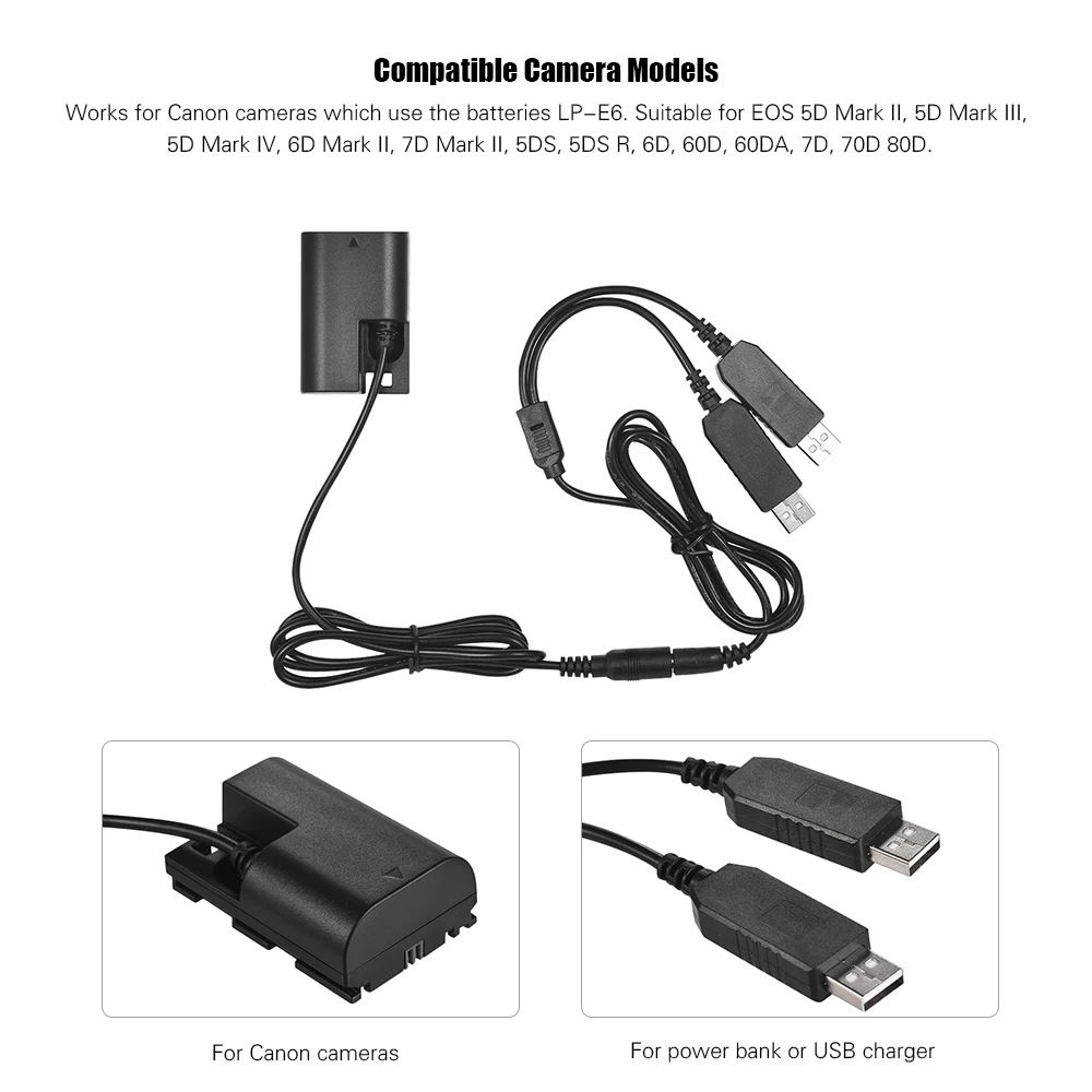 Andoer high quailty adapter Dual USB Power Adpater DR-E6 DC Coupler Fully Decoded Replacement LP-E6 Battery for Canon Cameras