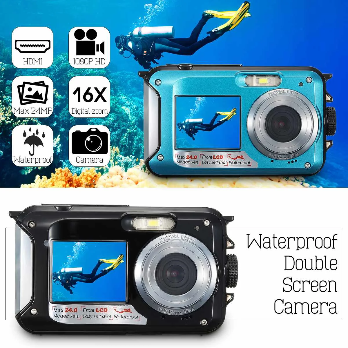 

Dual 2.7" LCD HD Waterproof Digital Video Camera 24MP MAX 1080P Double Screen 16x Zoom Underwater Sports Camcorder Camera Mic