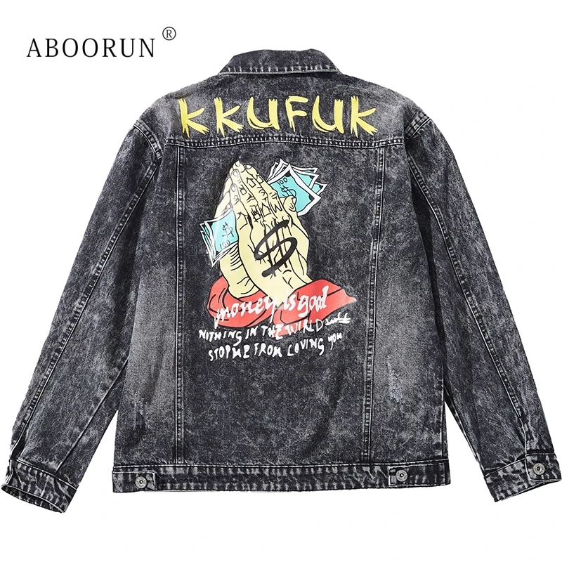 

ABOORUN Dollar Printed Mens Denim Jacket Letter Streetwear Hip Hop Jeans Jacket Autumn Winter Casual Outwear for Male R2395