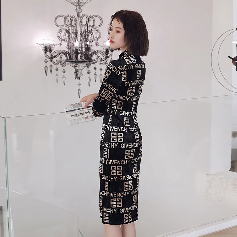 До колена Cheongsam винтажное бархатное женское элегантное вечернее платье улучшенное Qipao Vestidos Размер S-2XL