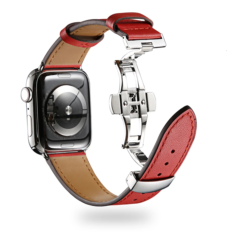 Ремешок из коровьей кожи для Apple Watch 44 мм iwatch series 5 4 3 2 1 Роскошная стальная пряжка 42 мм петля 38 мм Замена браслета 40 мм - Цвет ремешка: Red Silver