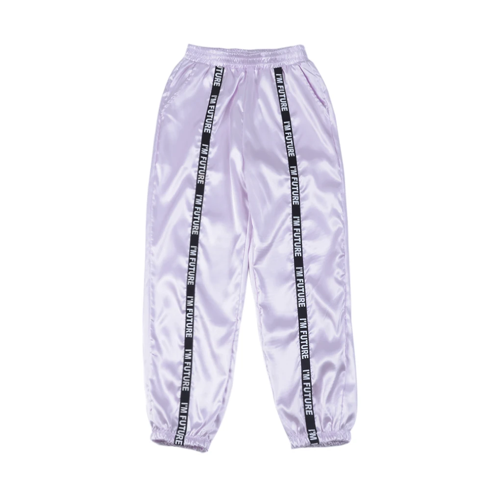 Женские штаны в стиле хип-хоп с буквенным принтом, новинка, блестящие спортивные штаны с лентами, повседневные свободные штаны с карманами для бега, штаны для спортзала, узкие штаны-шаровары - Цвет: Purple 2