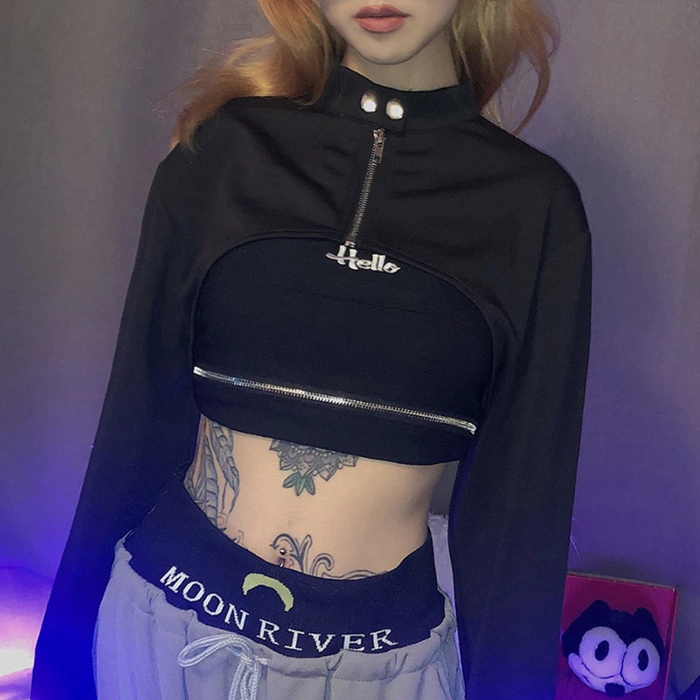 

2019 Long Sleeve Zip-Up Patchwork Jacket Sexy Crop Tops Autumn Winter Women Streetwear Punk T-Shirts Ultra short cool Jacket