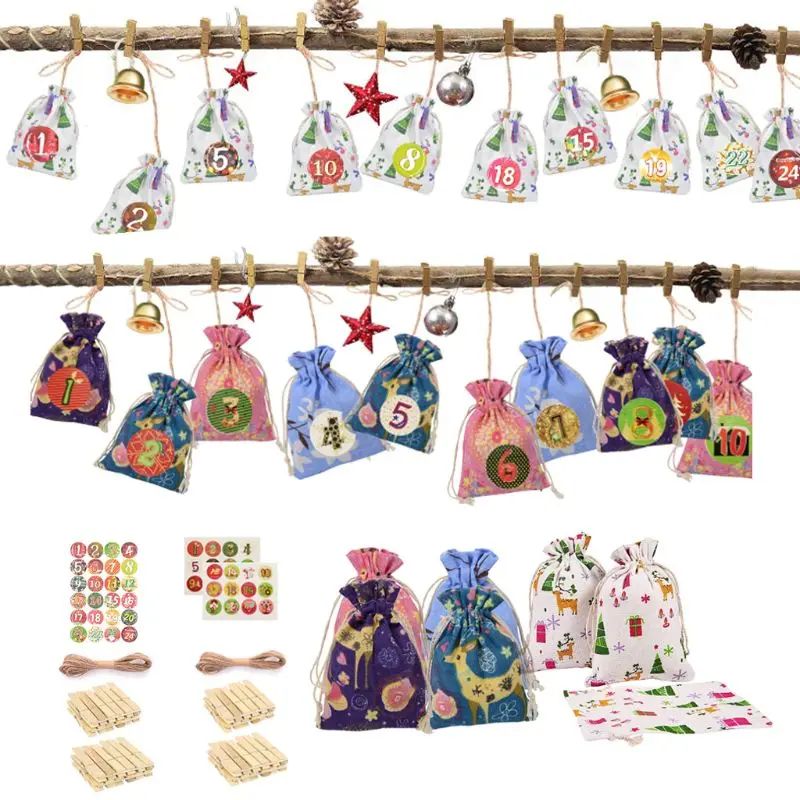 

24Pcs Advent Christmas Deer Calendar Filling Candy Bag Stickers Clips Drawstring E65B